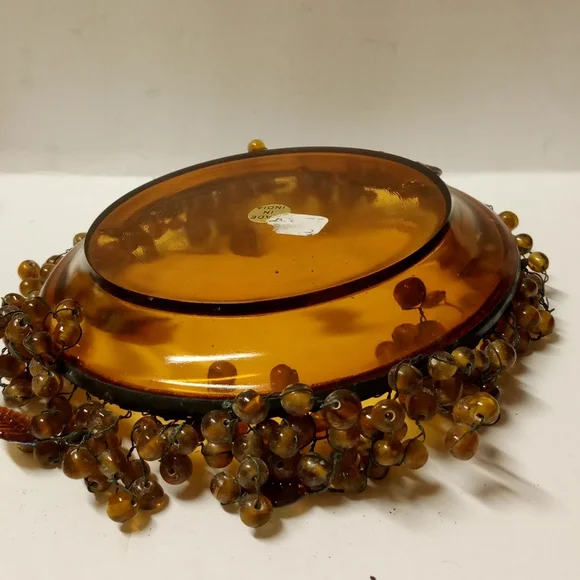 Vintage Glass Candy Dish Amber Metal Rim Wired Glass Beads Irridescent Leaves